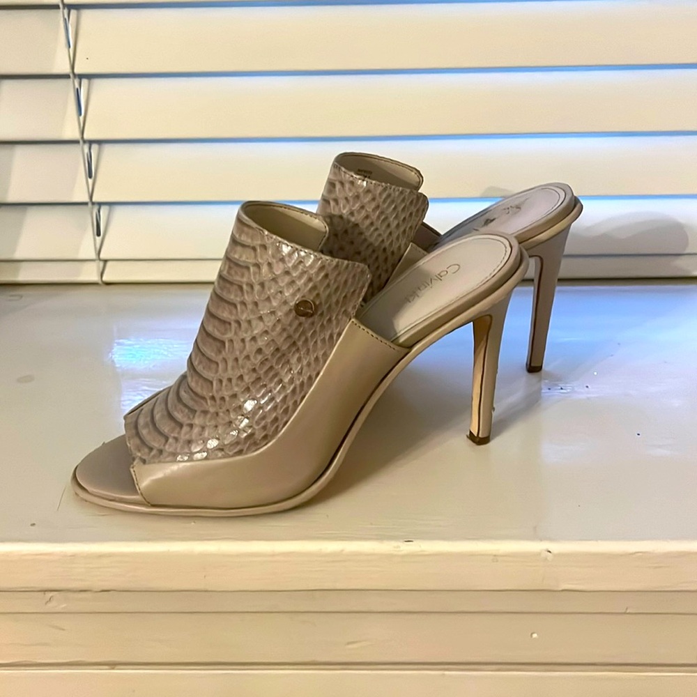 Calvin Klein Faux Alligator print nude slides.